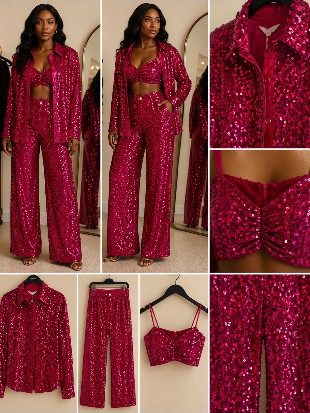Sequin Wide-Leg Pants & Crop Top Set - Magenta